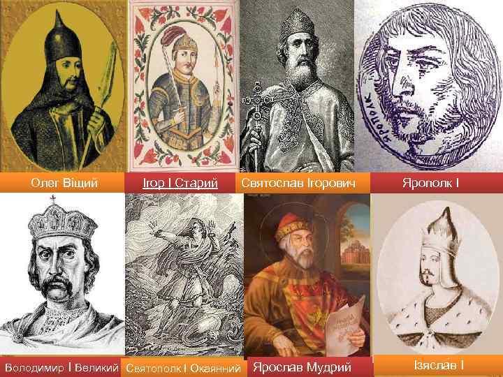 Олег Віщий Ігор I Старий Святослав Ігорович Володимир I Великий Святополк I Окаянний Ярослав
