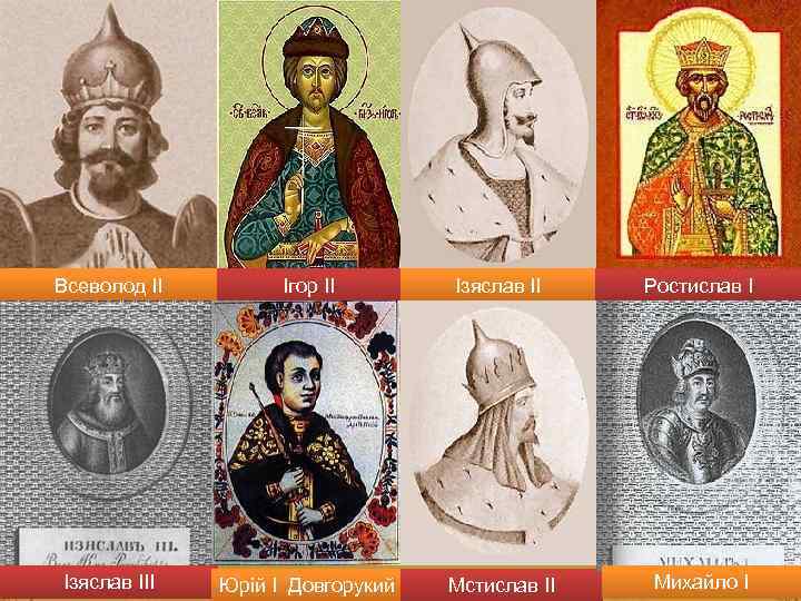 Всеволод ІІ Ігор ІІ Ізяслав II Ростислав І Ізяслав III Юрій I Довгорукий Мстислав