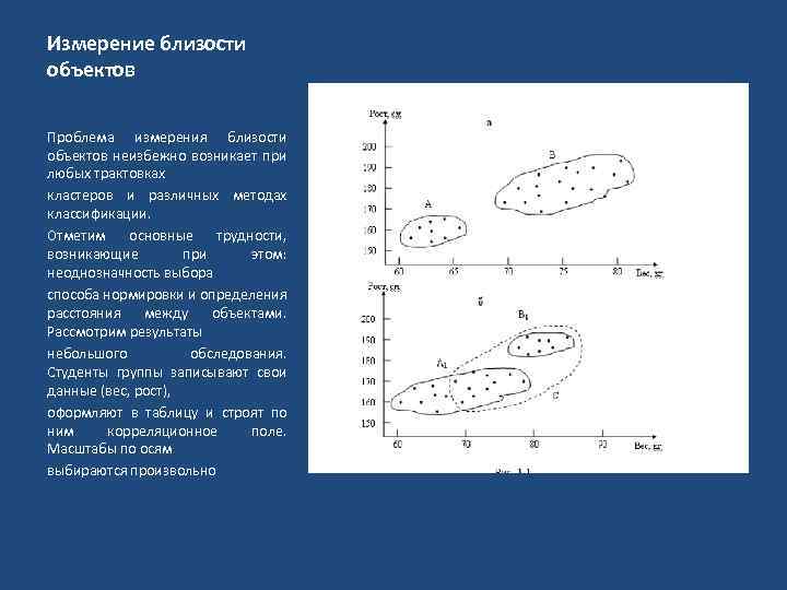 Измерение близости объектов Проблема измерения близости объектов неизбежно возникает при любых трактовках кластеров и