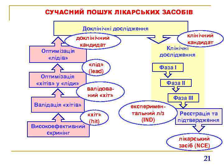 СУЧАСНИЙ ПОШУК ЛІКАРСЬКИХ ЗАСОБІВ Доклінічні дослідження доклінічний кандидат Оптимізація «лідів» Оптимізація «хітів» у «ліди»
