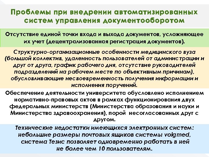 Проблемы при внедрении автоматизированных систем управления документооборотом Отсутствие единой точки входа и выхода документов,