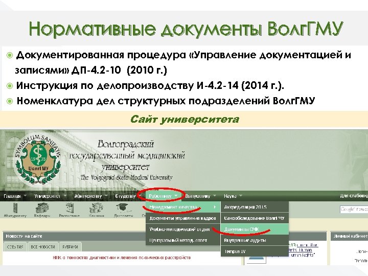 Нормативные документы Волг. ГМУ Документированная процедура «Управление документацией и записями» ДП-4. 2 -10 (2010