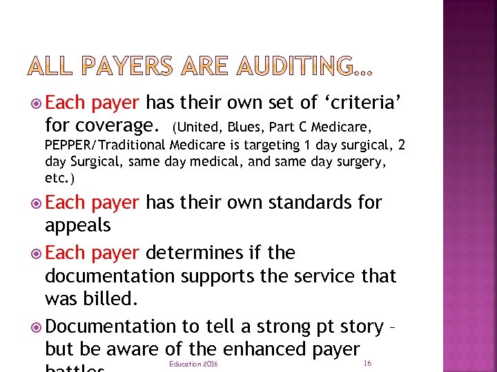  Each payer has their own set of ‘criteria’ for coverage. (United, Blues, Part