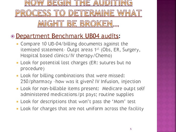  Department Benchmark UB 04 audits: Compare 10 UB-04/billing documents against the itemized statement–