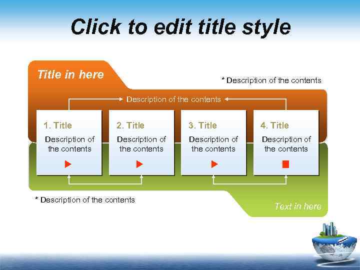 Click to edit title style Title in here * Description of the contents 1.