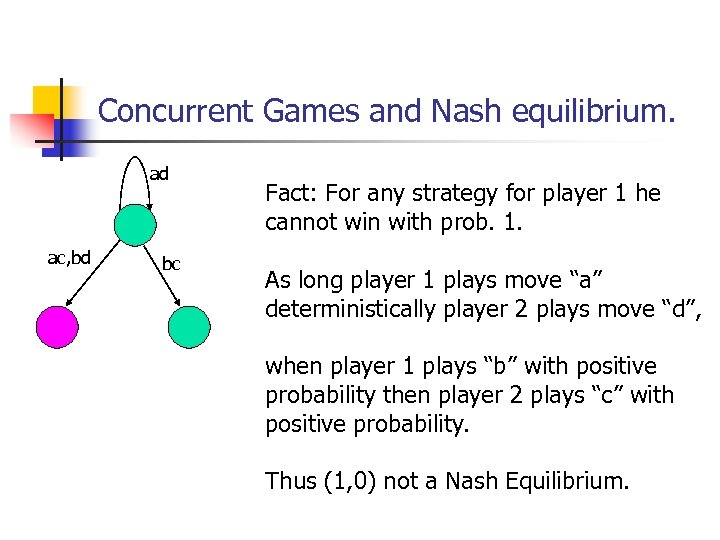 Concurrent Games and Nash equilibrium. ad ac, bd bc Fact: For any strategy for