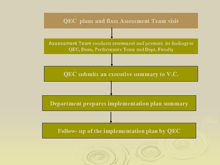 QEC plans and fixes Assessment Team visit Assessment Team conducts assessment and presents its