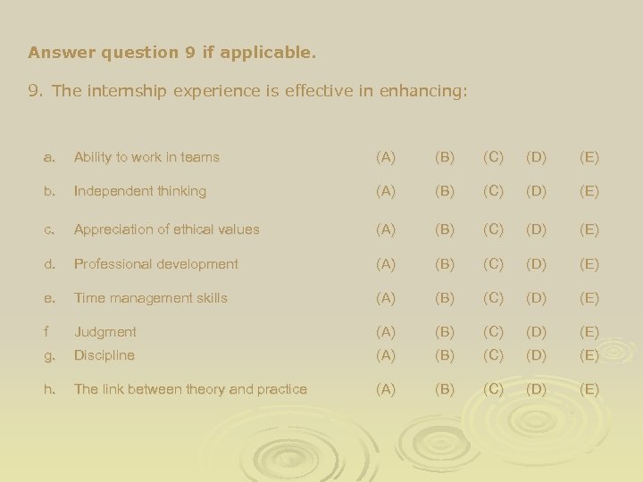 Answer question 9 if applicable. 9. The internship experience is effective in enhancing: a.