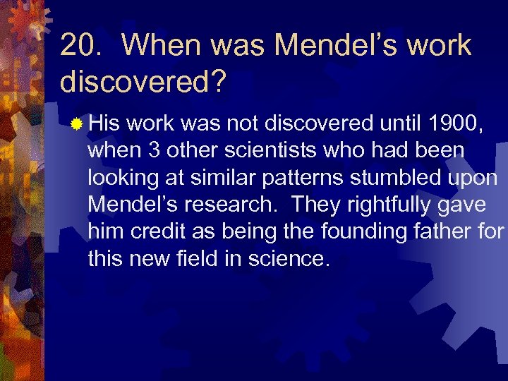20. When was Mendel’s work discovered? ® His work was not discovered until 1900,