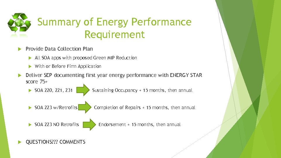 Summary of Energy Performance Requirement Provide Data Collection Plan All SOA apps with proposed