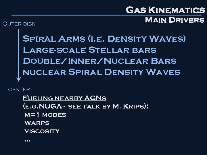 Gas Kinematics Outer disk Main Drivers Spiral Arms (i. e. Density Waves) Large-scale Stellar