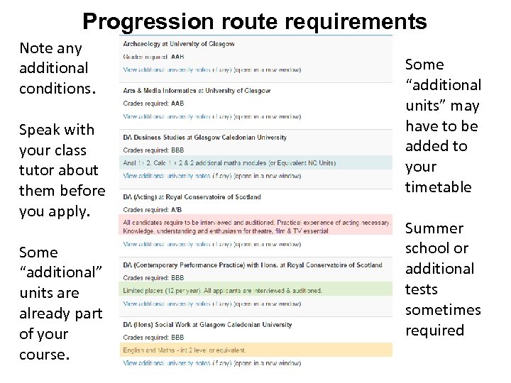 Progression route requirements Note any additional conditions. Speak with your class tutor about them