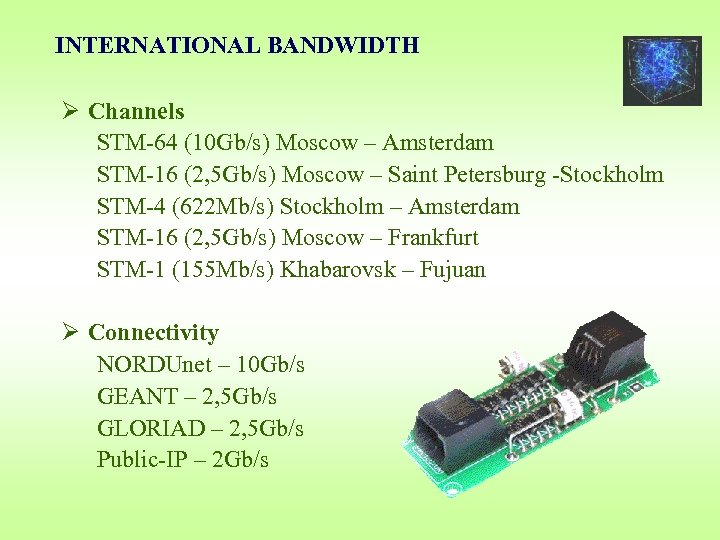 INTERNATIONAL BANDWIDTH Ø Channels STM-64 (10 Gb/s) Moscow – Amsterdam STM-16 (2, 5 Gb/s)