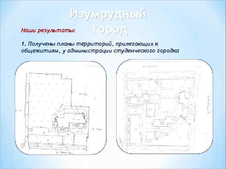 Изумрудный Наши результаты: город 1. Получены планы территорий, прилегающих к общежитиям, у администрации студенческого