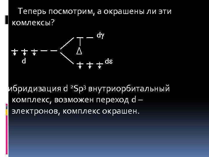 Теперь посмотрим, а окрашены ли эти комлексы? d d d гибридизация d 2 Sp