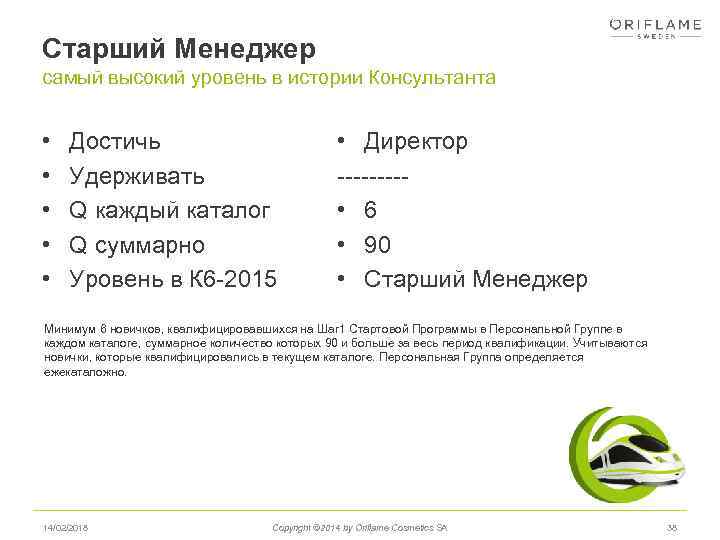 Старший Менеджер самый высокий уровень в истории Консультанта • • • Достичь Удерживать Q