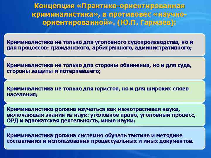 Концепция «Практико-ориентированная криминалистика» , в противовес «научноориентированной» . (Ю. П. Гармаев): Криминалистика не только