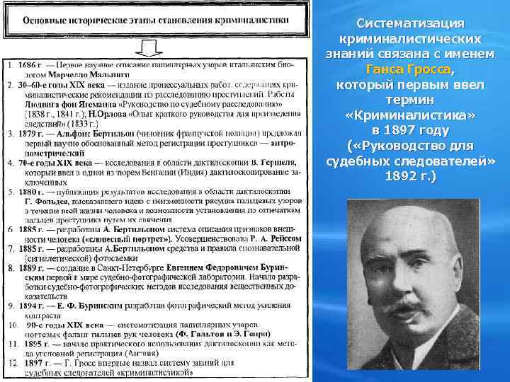 Систематизация криминалистических знаний связана с именем Ганса Гросса, который первым ввел термин «Криминалистика» в
