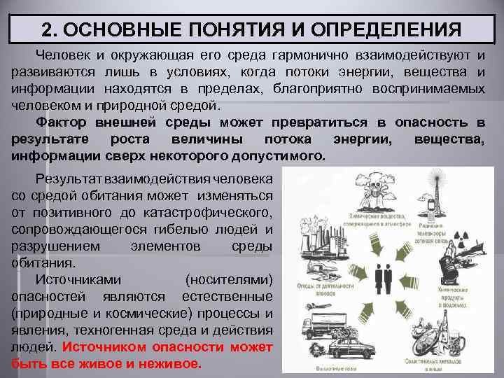 2. ОСНОВНЫЕ ПОНЯТИЯ И ОПРЕДЕЛЕНИЯ Человек и окружающая его среда гармонично взаимодействуют и развиваются
