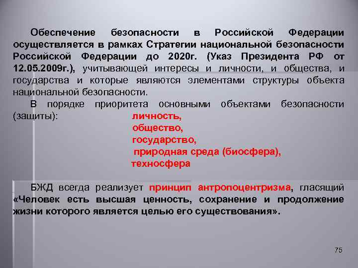 Обеспечение безопасности в Российской Федерации осуществляется в рамках Стратегии национальной безопасности Российской Федерации до