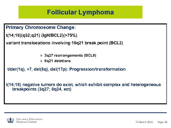 Follicular Lymphoma Primary Chromosome Change: t(14; 18)(q 32; q 21) (Ig. H/BCL 2)(>75%) variant