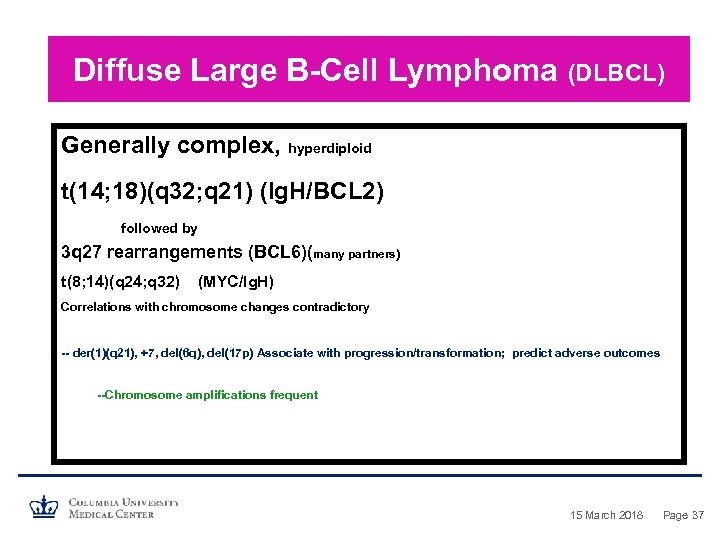 Diffuse Large B-Cell Lymphoma (DLBCL) Generally complex, hyperdiploid t(14; 18)(q 32; q 21) (Ig.