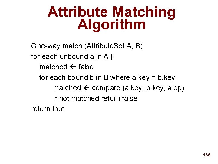Attribute Matching Algorithm One-way match (Attribute. Set A, B) for each unbound a in