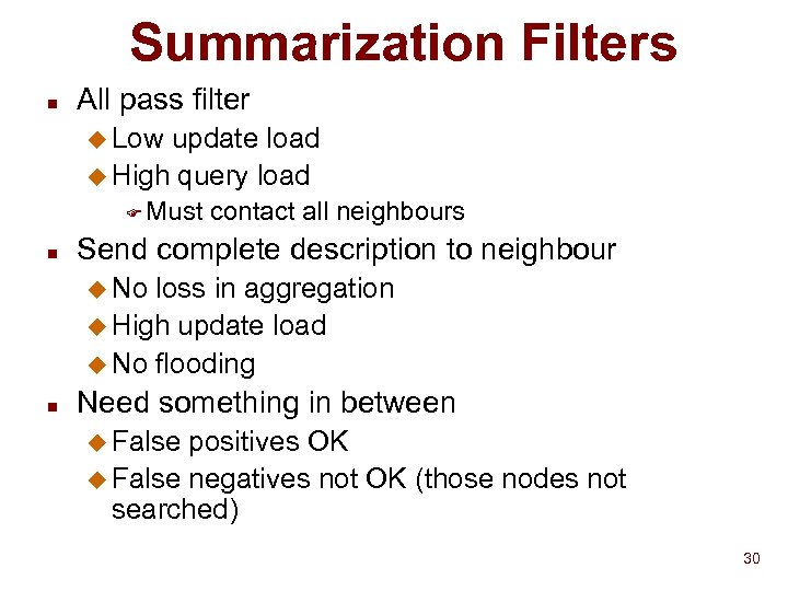 Summarization Filters n All pass filter u Low update load u High query load
