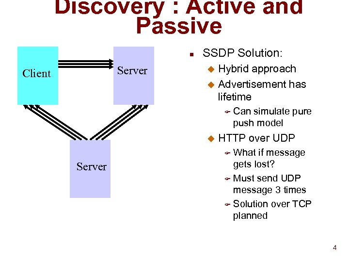 Discovery : Active and Passive n Server Client SSDP Solution: Hybrid approach u Advertisement