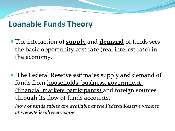 Loanable Funds Theory The interaction of supply and demand of funds sets the basic