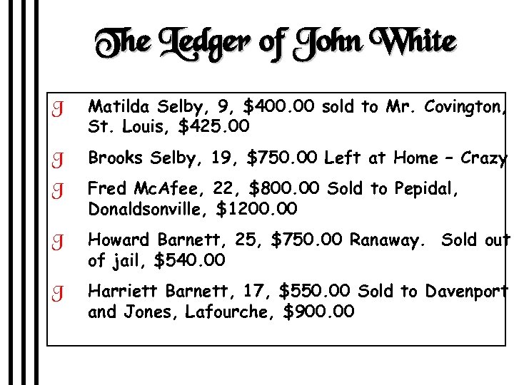 The Ledger of John White J Matilda Selby, 9, $400. 00 sold to Mr.