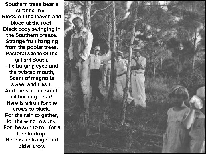 Southern trees bear a strange fruit, Blood on the leaves and blood at the