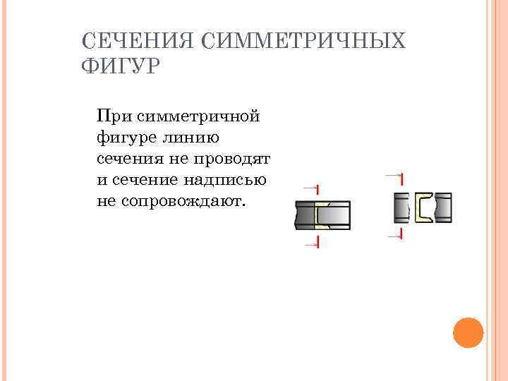 СЕЧЕНИЯ СИММЕТРИЧНЫХ ФИГУР При симметричной фигуре линию сечения не проводят и сечение надписью не