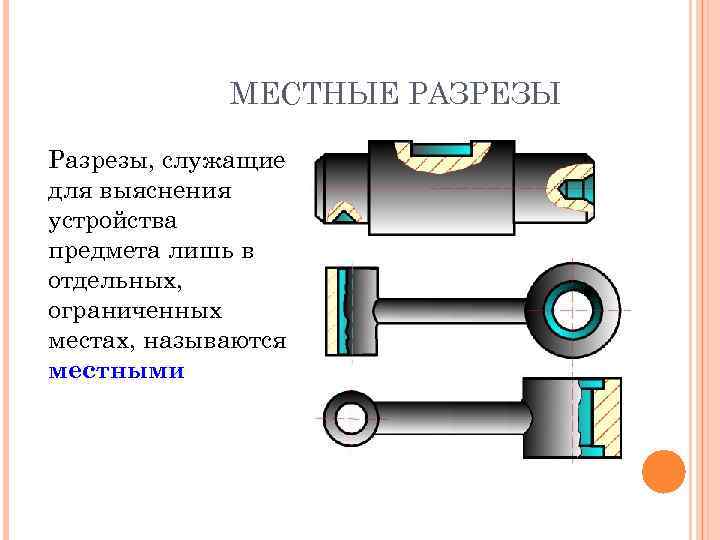 МЕСТНЫЕ РАЗРЕЗЫ Разрезы, служащие для выяснения устройства предмета лишь в отдельных, ограниченных местах, называются