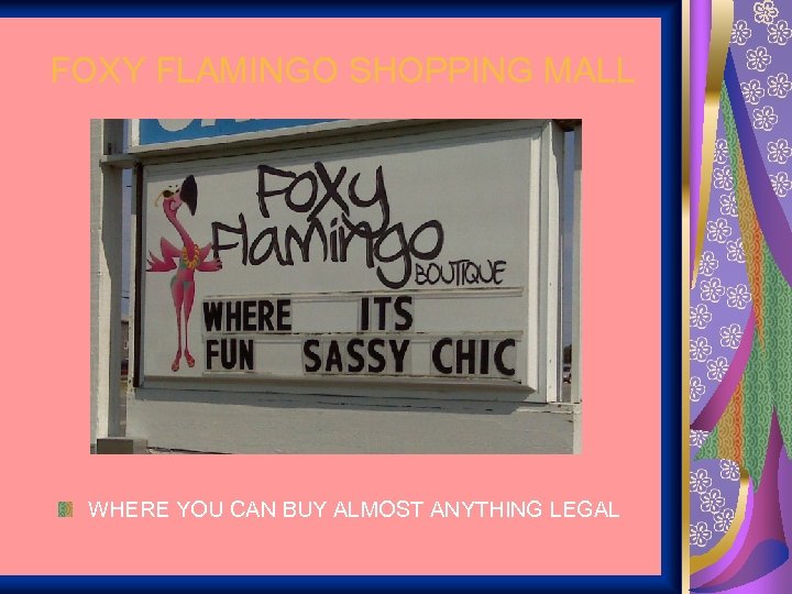 FOXY FLAMINGO SHOPPING MALL WHERE YOU CAN BUY ALMOST ANYTHING LEGAL 