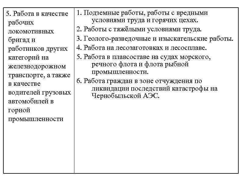 5. Работа в качестве рабочих локомотивных бригад и работников других категорий на железнодорожном транспорте,