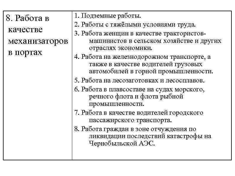 8. Работа в качестве механизаторов в портах 1. Подземные работы. 2. Работы с тяжёлыми
