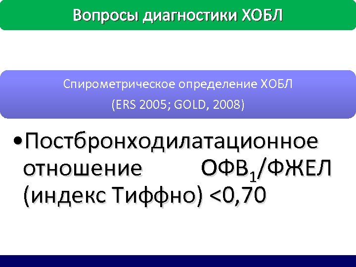 Вопросы диагностики ХОБЛ Спирометрическое определение ХОБЛ (ERS 2005; GOLD, 2008) • Постбронходилатационное отношение ОФВ