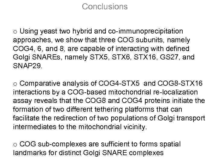 Conclusions o Using yeast two hybrid and co-immunoprecipitation approaches, we show that three COG