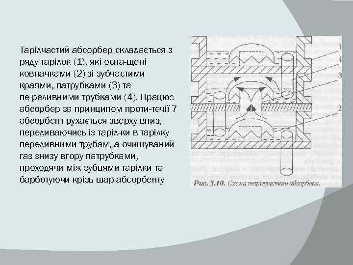 Тарілчастий абсорбер складається з ряду тарілок (1), які осна щені ковпачками (2) зі зубчастими