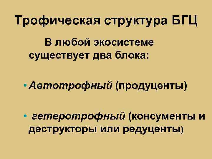 Трофическая структура БГЦ В любой экосистеме существует два блока: • Автотрофный (продуценты) • гетеротрофный