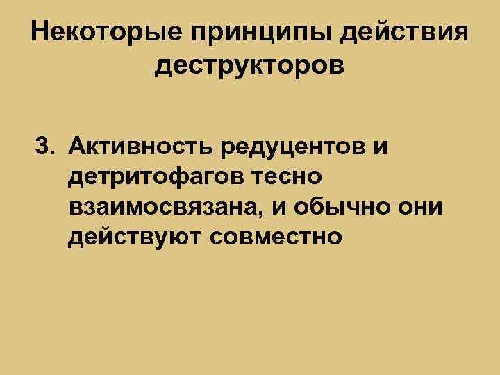 Некоторые принципы действия деструкторов 3. Активность редуцентов и детритофагов тесно взаимосвязана, и обычно они