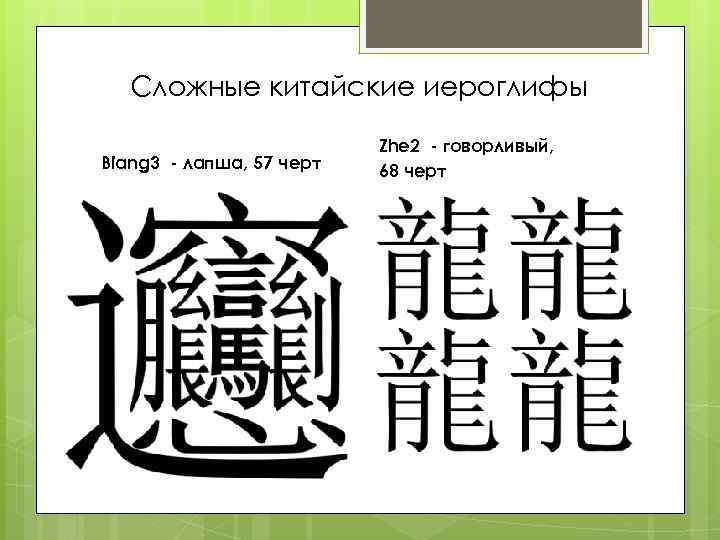 Сложные китайские иероглифы Biang 3 - лапша, 57 черт Zhe 2 - говорливый, 68