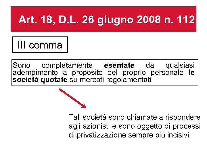 Art. 18, D. L. 26 giugno 2008 n. 112 III comma Sono completamente esentate