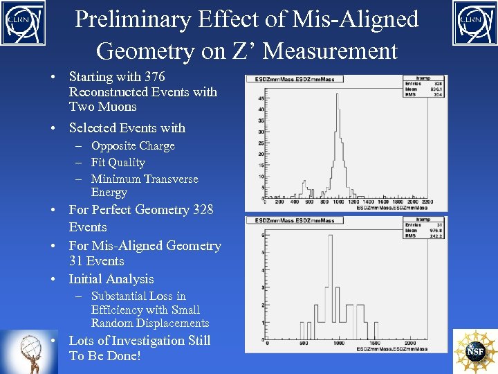 Preliminary Effect of Mis-Aligned Geometry on Z’ Measurement • Starting with 376 Reconstructed Events