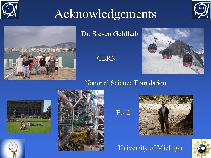 Acknowledgements Dr. Steven Goldfarb CERN National Science Foundation Ford University of Michigan 