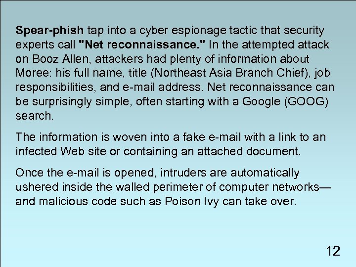 Spear-phish tap into a cyber espionage tactic that security experts call "Net reconnaissance. "