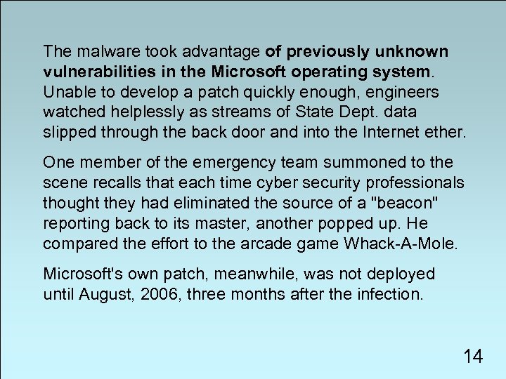 The malware took advantage of previously unknown vulnerabilities in the Microsoft operating system. Unable