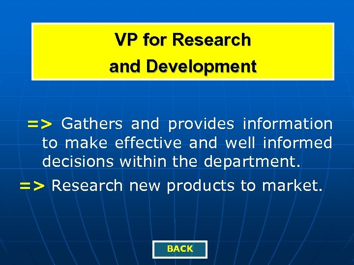 VP for Research and Development => Gathers and provides information to make effective and