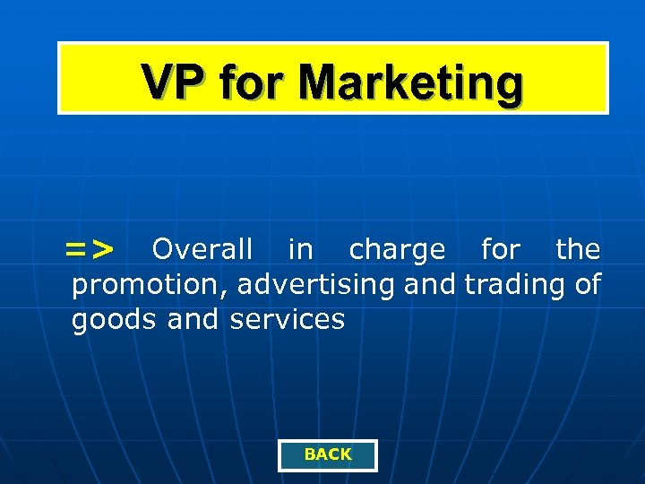 VP for Marketing => Overall in charge for the promotion, advertising and trading of